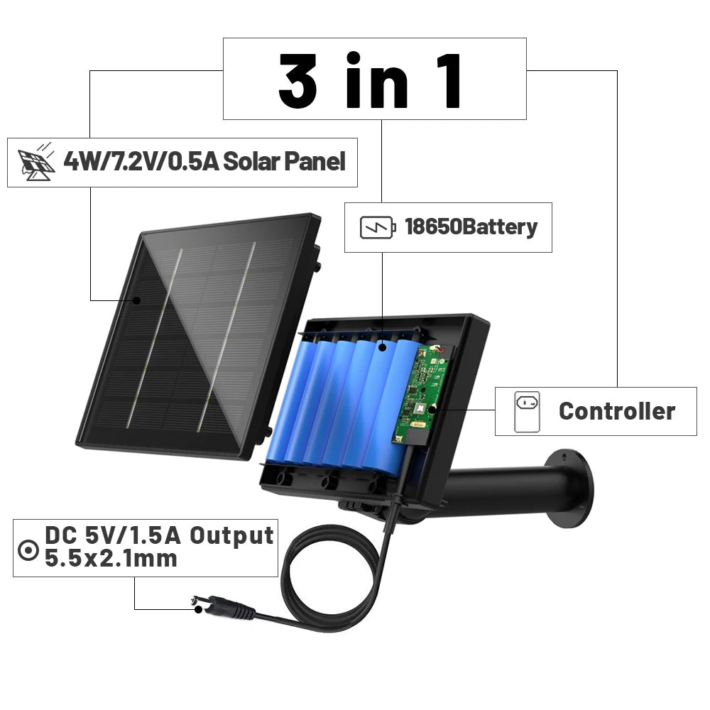 D4 5V/6V Solar Battery Charger – 4W Portable Solar Power Bank for Security Cameras, DC 5521 Output