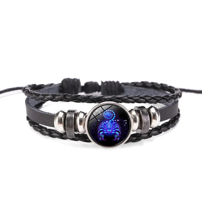 12 Zodiac Signs Constellation Charm Bracelet - Luminous Multilayer Weave Leather Bangle for Men & Women, Birthday Gift