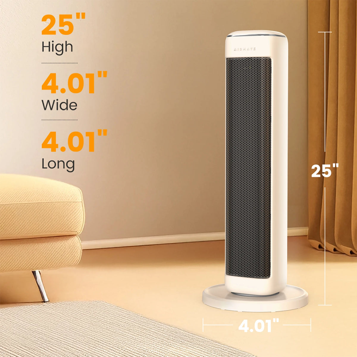 AIRMATE 25-Inch Ceramic Tower Space Heater - Electric Indoor Heater with Adjustable Thermostat for Large Rooms
