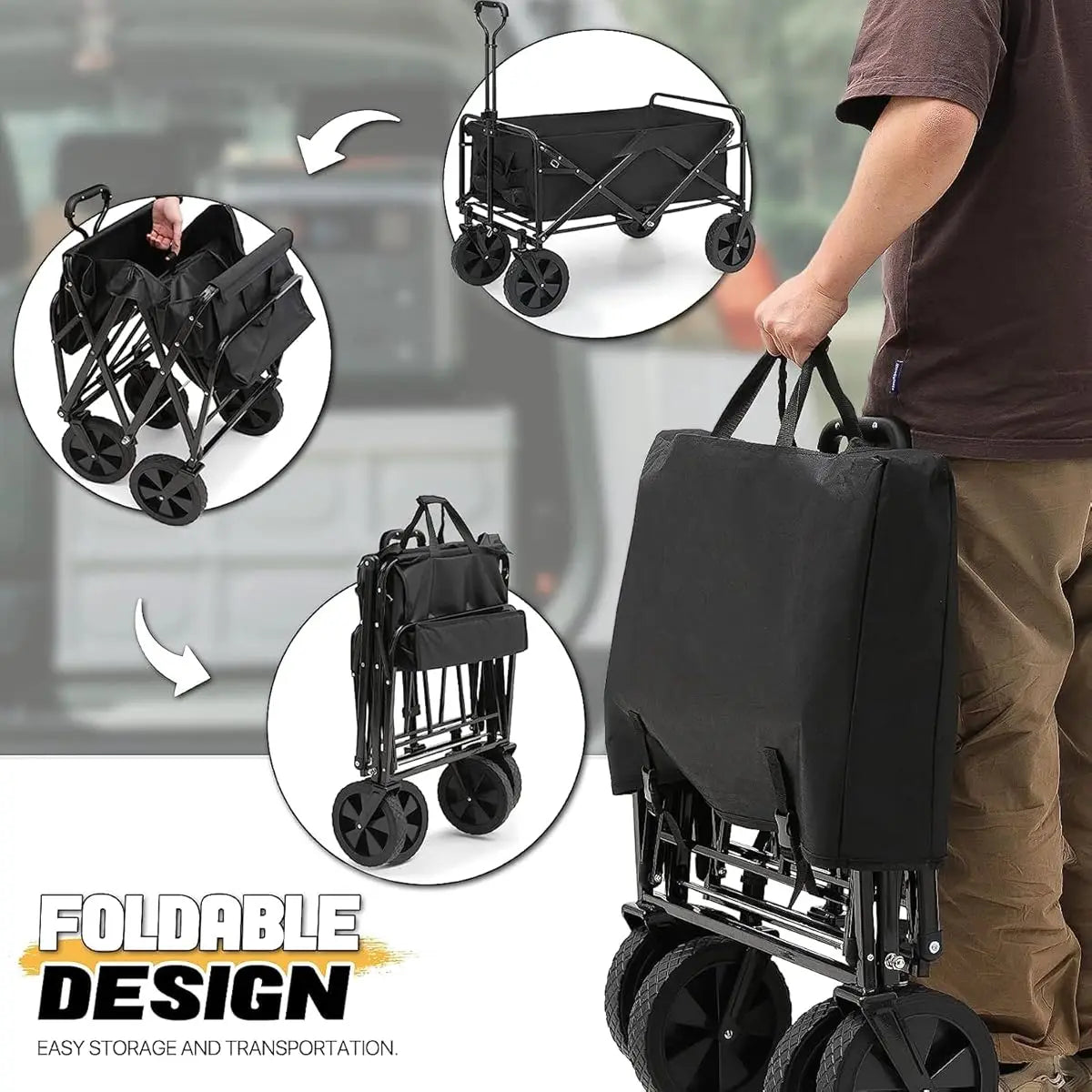 PowerHaul 550LB Folding Wagon — 5.3 cu ft Heavy-Duty Collapsible Utility Cart with All-Terrain Wheels (Black)