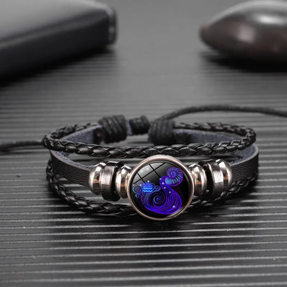 12 Zodiac Signs Constellation Charm Bracelet - Luminous Multilayer Weave Leather Bangle for Men & Women, Birthday Gift