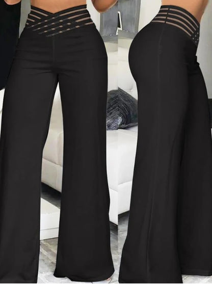 Stay on Trend: Women's Autumn Wide Leg Flared Pants with Crisscross Sheer Mesh Patch - High Waist Y2K Streetwear for an Elegant Work Look