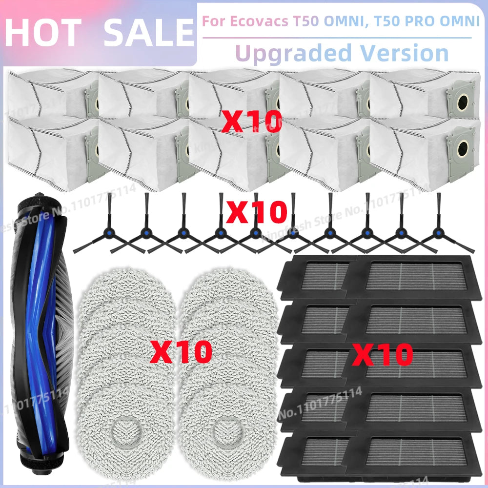 ECOVACS T50 PRO/OMNI Vacuum Replacement Parts – Main Roller, Side Brush, HEPA Filter, Mop Cloth & Dust Bag