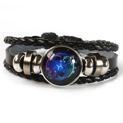 12 Zodiac Signs Constellation Charm Bracelet - Luminous Multilayer Weave Leather Bangle for Men & Women, Birthday Gift