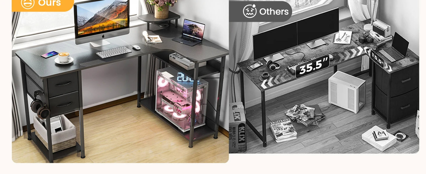 L-Shape Carbon Fiber Gaming Desk with Drawers & Monitor Arm – Home Office Computer Desk