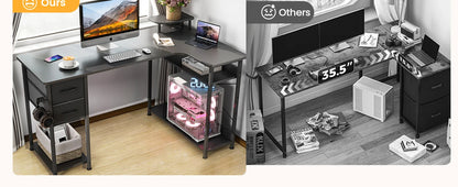 L-Shape Carbon Fiber Gaming Desk with Drawers & Monitor Arm – Home Office Computer Desk