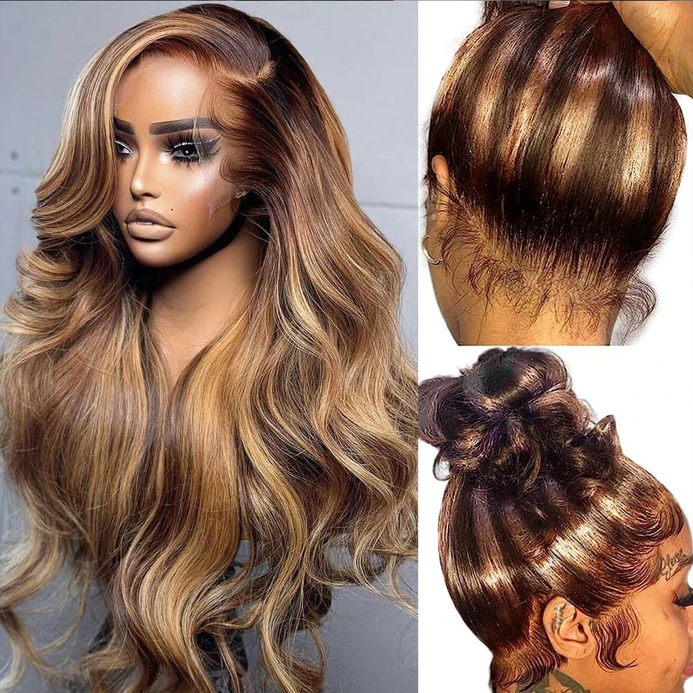 360 Full Lace Wig – Pre-Plucked P4/27 Human Hair, 38 Inches HD Lace Front Body Wave Highlight Wig