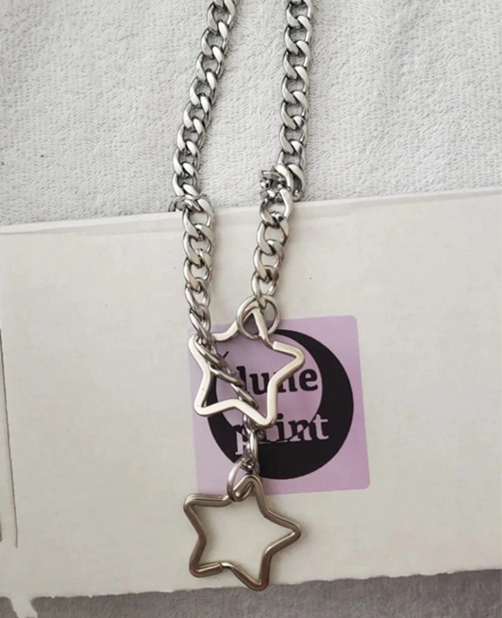 Y2K Silver Star O-Ring Lock Open Heart Lariat Necklace — Punk Rock Cuban Link Chain Pendant for Women