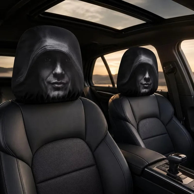 2-Piece Black Hooded Figure Car Headrest Covers - 2D Street Style Universal Headrest Protectors for Cars and SUVs