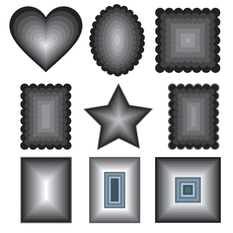 New Metal Cutting Dies for Scrapbook - Layer Frames in Rectangle, Square, Circle, Oval, Heart, Star Shapes - Background Stencils for Card Making