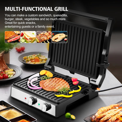 1600W Electric Panini Press Sandwich Maker — Indoor Grill with Non-Stick Plates, Adjustable Temperature & Timer