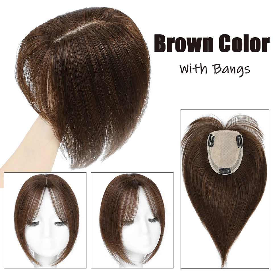 Dazzeal Human Hair Topper – 100% Real Straight Hair, Lace Base, Clip-In with Bangs, 10x12cm, 360° Coverage