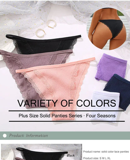 FINETOO 3pcs Women’s Lace Cotton Briefs — Solid, Comfortable, Breathable Soft Underwear & Lingerie
