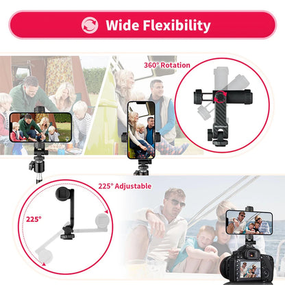 360° Rotatable Camera Hot Shoe Phone Mount Holder - Tripod with Cold Shoe for Mic, Light, and iPhone 12 Pro Max Smartphone Clip
