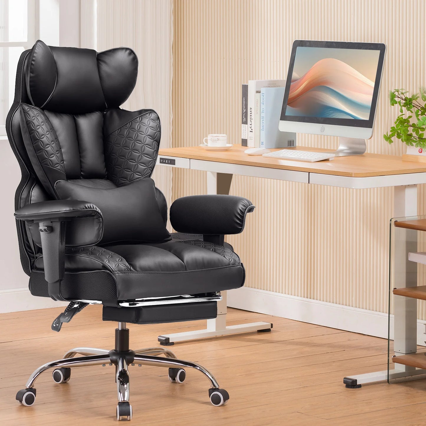 Ergonomic Leather Office Chair - High Back Gaming Chair with Footrest & Adjustable Armrests