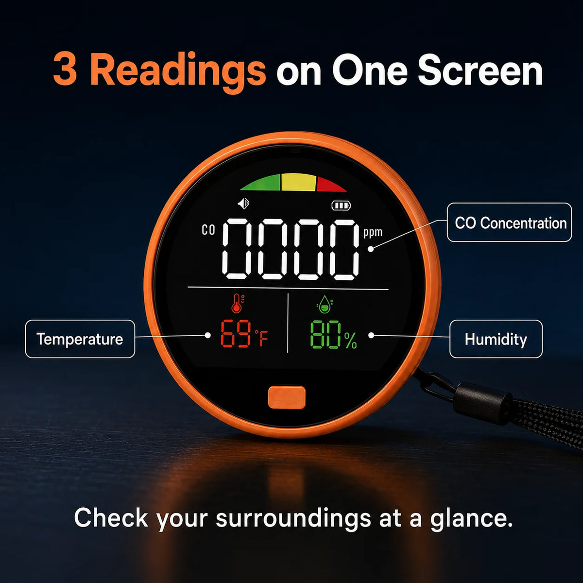 Portable 3-in-1 CO Detector - Carbon Monoxide, Temperature & Humidity Monitor with Buzzer Alert for Home, RV & Camping