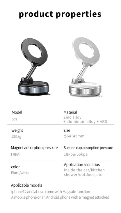 K007 Magnetic Car Phone Holder - Foldable, 360° Adjustable Vacuum Mount for Car, Desk, Bathroom, Universal Use