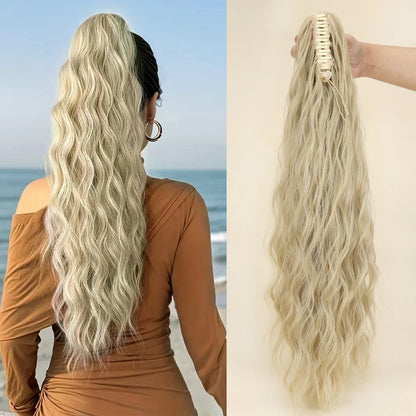 Synthetic Water Wave Claw Clip Ponytail Hair Extension – Black & Blonde, Heat-Resistant Fluffy Messy Style for Women