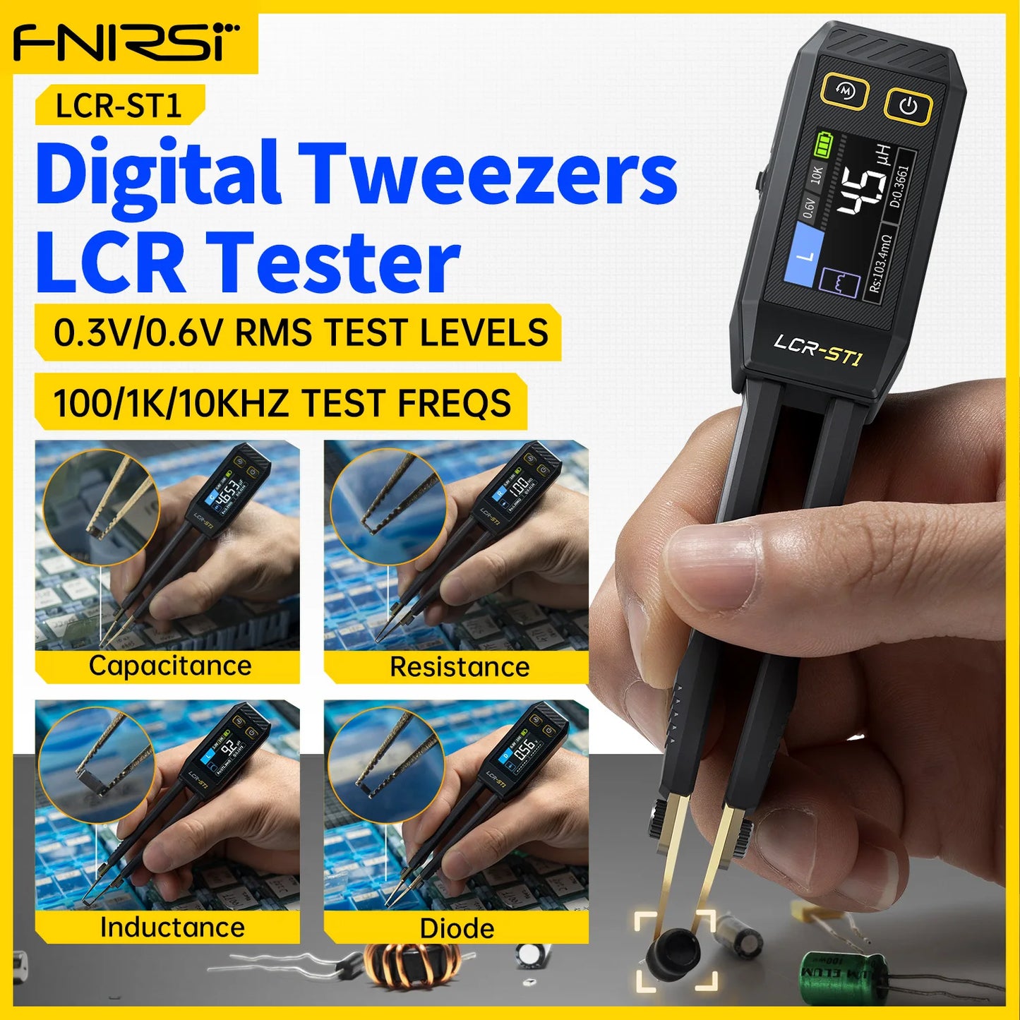 FNIRSI LCR-ST1 Mini Smart Tweezer | LCR SMD ESR Tester for Resistance, Capacitance, Inductance, Continuity & Diode Testing