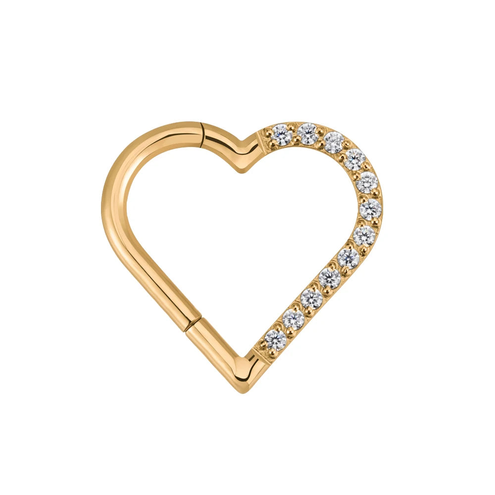Right Grand ASTM F136 Titanium Daith Heart Hoop Earring – Hinged Segment Ring with Clear CZ for Cartilage, Tragus & Helix Piercing Jewelry