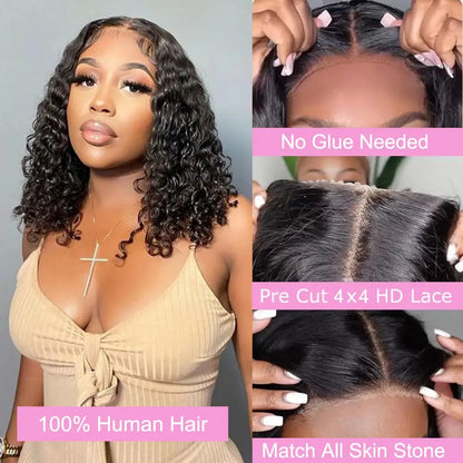 12 Inch Deep Wave Bob Human Hair Wig – 13x4 HD Transparent Lace Front Pre-Plucked Curly Wet & Wavy Glueless Water Wave Wig for Black Women, Natural Black Short Bob