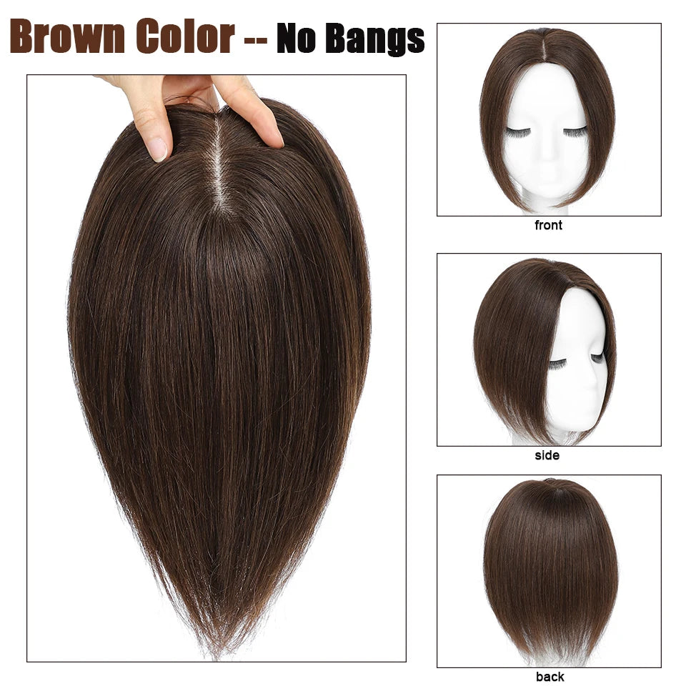 Dazzeal Human Hair Topper – 100% Real Straight Hair, Lace Base, Clip-In with Bangs, 10x12cm, 360° Coverage