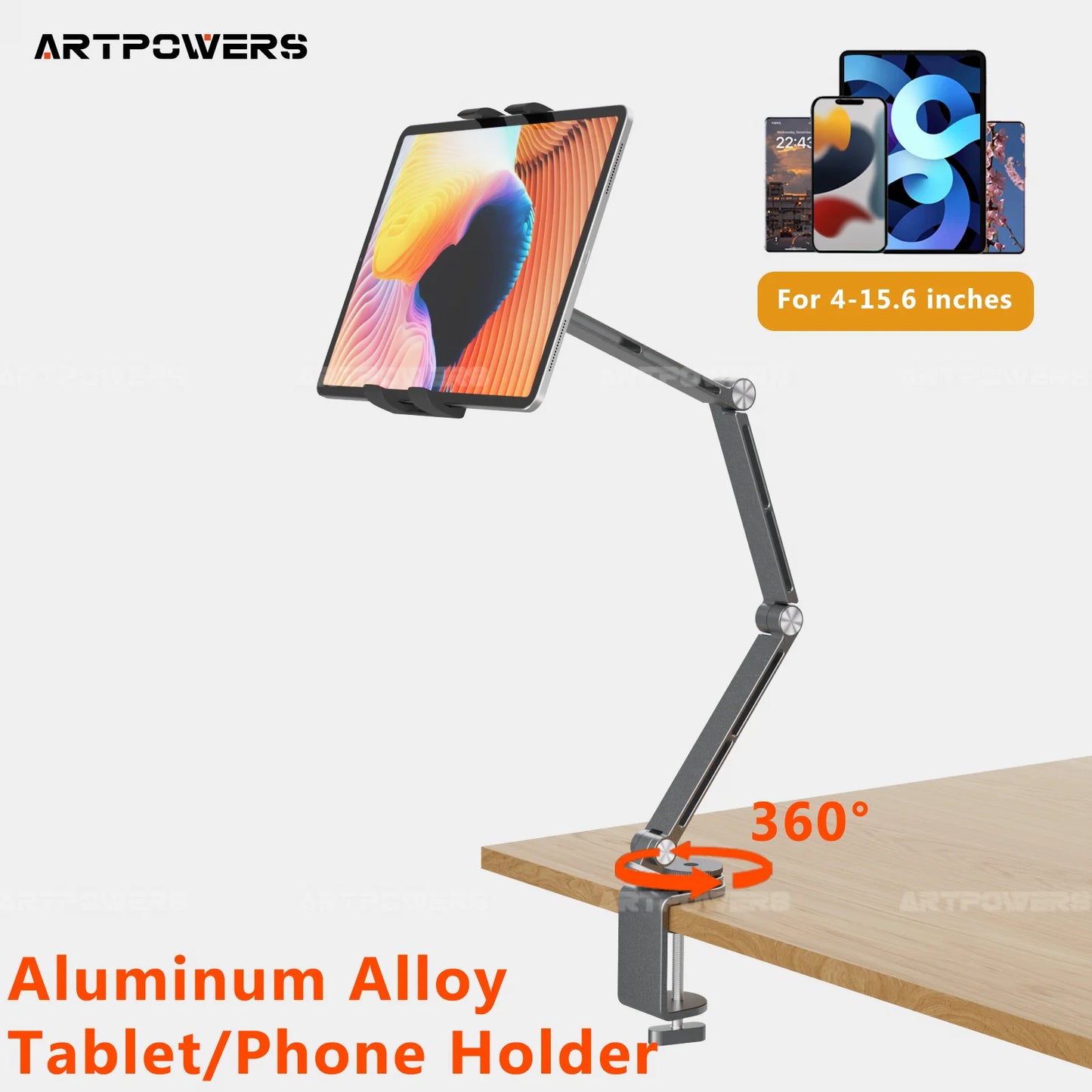 Artpowers Adjustable Tablet Holder – Portable Stand for iPad, Monitor, Phone & Laptop with Rotating Clip Mount