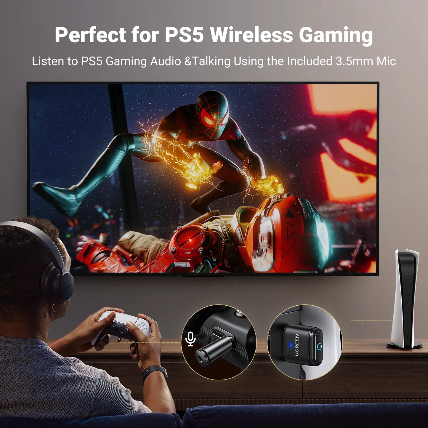 USB Bluetooth 5.3 Transmitter & Receiver – aptX HD Audio Adapter for PS5, PS4, Nintendo Switch, Headsets, Speakers & Mic