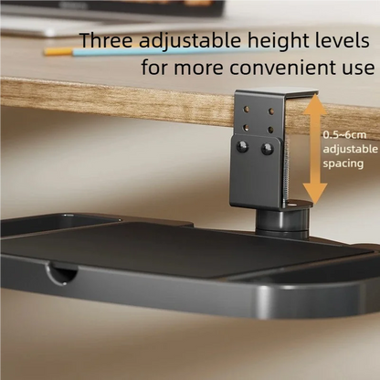 Clamp-On Desk Organizer – 360° Rotating Under-Desk Mouse Tray, Easy Install Storage Shelf for Home, Office & Dorm Use