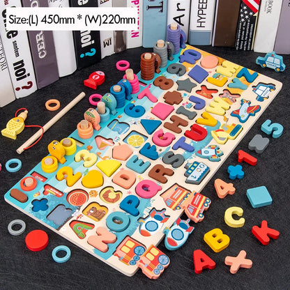 Montessori Math Learning Toy - Wooden Puzzle Fishing Game with Number Counting, Shape Matching & Sorting Activities for Toddlers