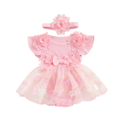 3D Flower Baby Girls’ Romper - Princess Mesh Lace Ruffle Bodysuit Dress with Headband