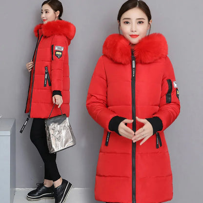Women's Winter Parka – Fur Collar Hooded Long Jacket, Slim Fit, Warm & Thick with Letter Patch & Zipper Pockets