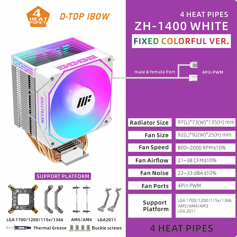 METALFISH White CPU Cooler — Silent ARGB 4-Pin PWM Fan with Radiator for Intel LGA 1700/1200/1150/1155/1156/1366/2011 & AMD AM5/AM4/AM3/X99/X79