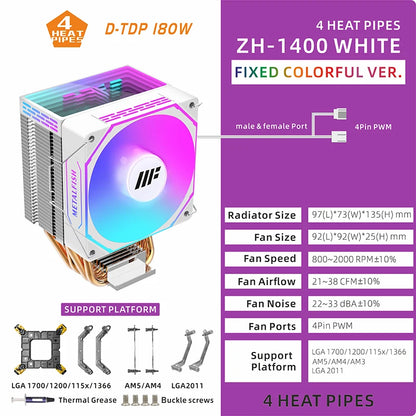 METALFISH White CPU Cooler – ARGB PWM Silent Fan Radiator 4-Pin High Performance Air Cooling for Intel LGA1700/1200/115X/1366/2011 & AMD AM5/AM4/x99/x79