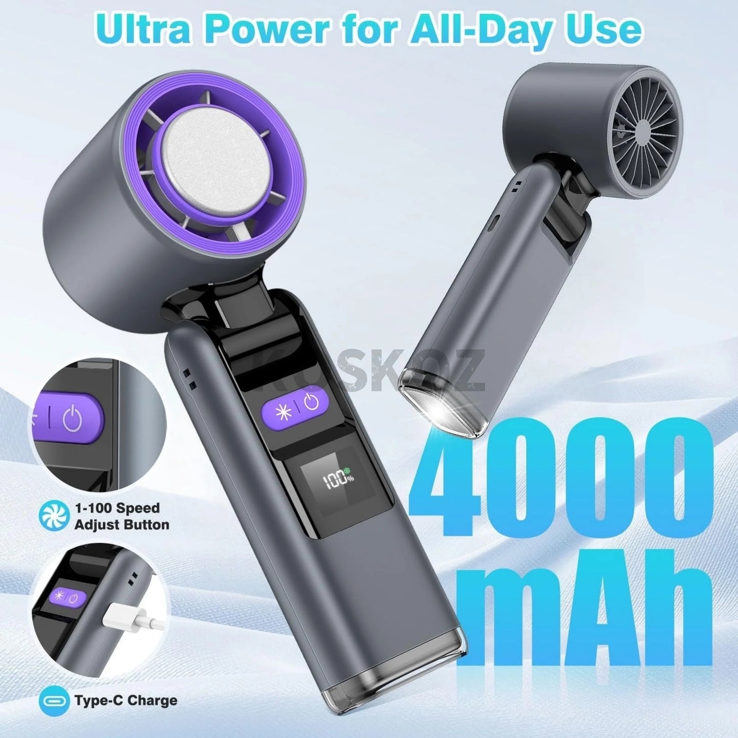 Portable Handheld Turbo Fan - 5-Speed High Velocity Rechargeable Mini Cooling Fan with Flashlight & 4000mAh Battery for Travel