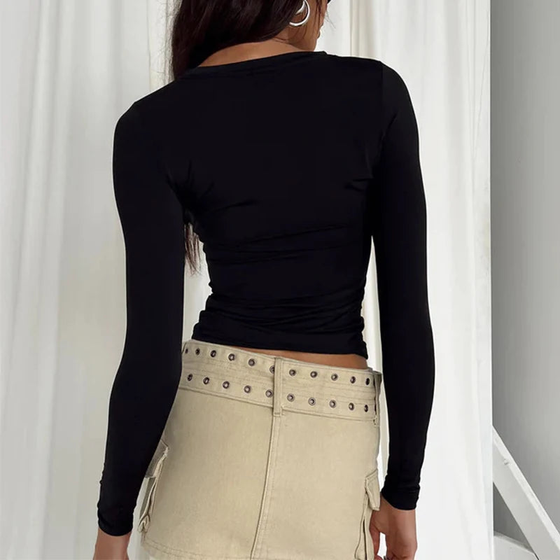 Effortless Chic: Women's Long Sleeve Slim Fit T-Shirt - Spring Autumn Casual Solid Pullover, Y2K Streetwear Crop Top, Basic Tee