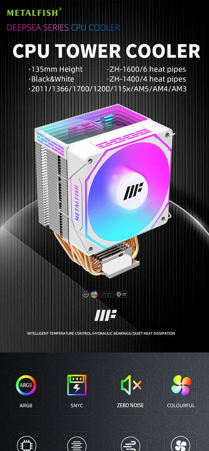 METALFISH White CPU Cooler — Silent ARGB 4-Pin PWM Fan with Radiator for Intel LGA 1700/1200/1150/1155/1156/1366/2011 & AMD AM5/AM4/AM3/X99/X79