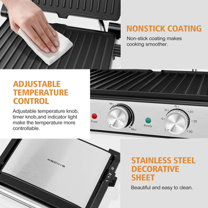 1600W Electric Panini Press Sandwich Maker — Indoor Grill with Non-Stick Plates, Adjustable Temperature & Timer