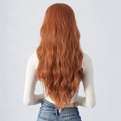 Copper Ginger Red Brown Synthetic Wig – Long Fluffy Wavy Wig with Bangs, Heat-Resistant Cosplay & Daily Wear Hair for Women