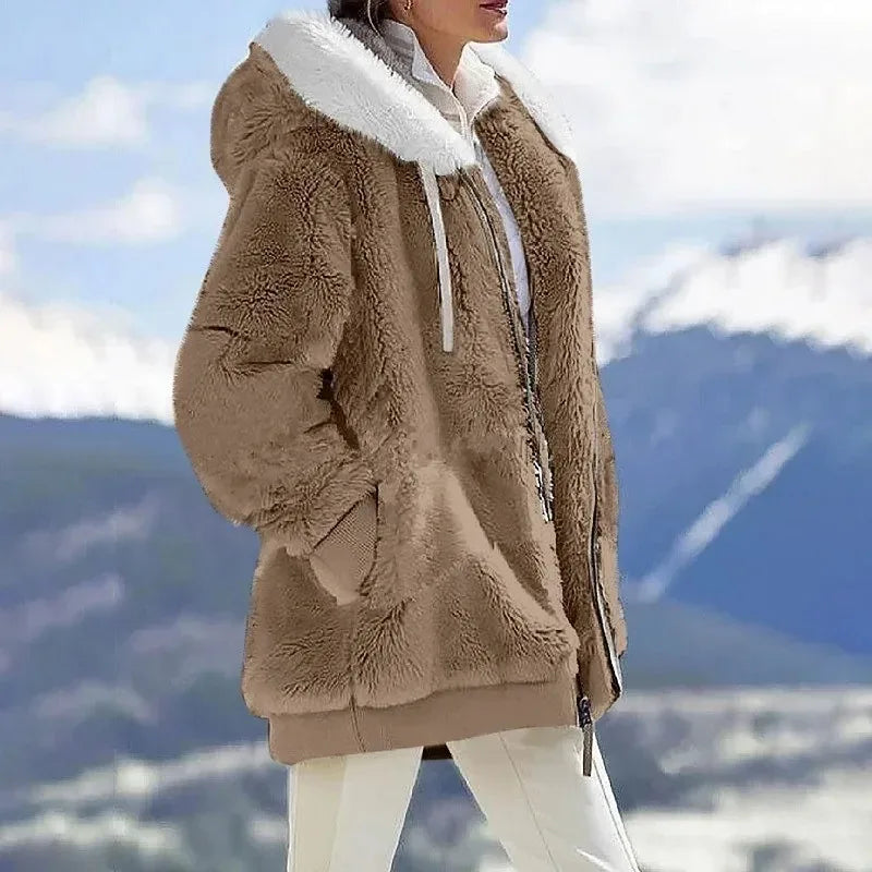 2024 Winter Fashion Women's Hooded Zipper Coat - Casual Cashmere Fleece Jacket in Solid Colors