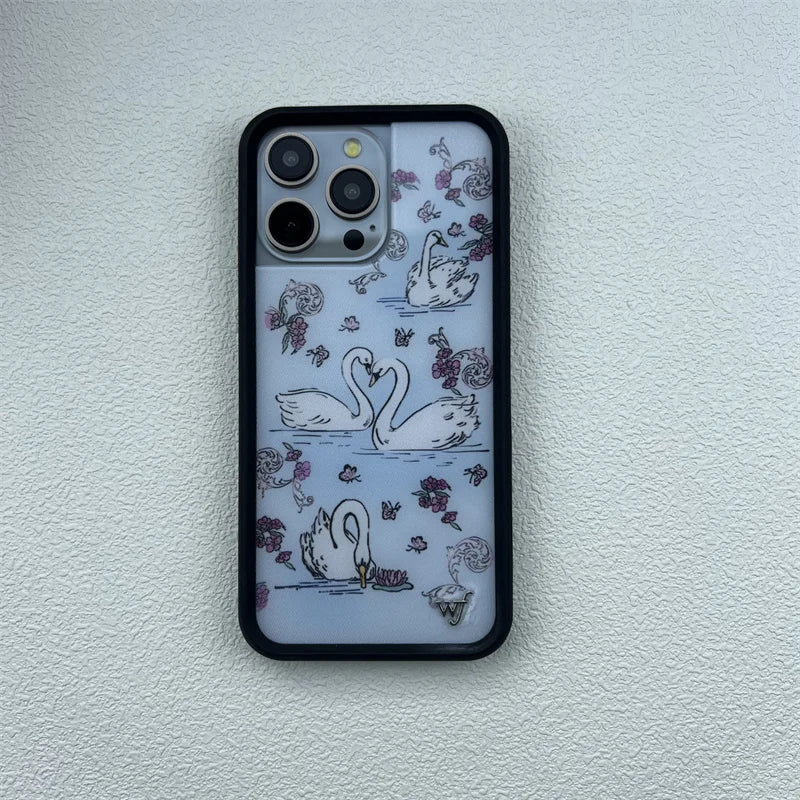 Wildflower Cute Animal Cartoon Phone Case for iPhone 16 Pro Max/16/15 Pro/15/14 Plus/13 Pro/12 Pro – Cherry, Dolphin & Swan Print Design