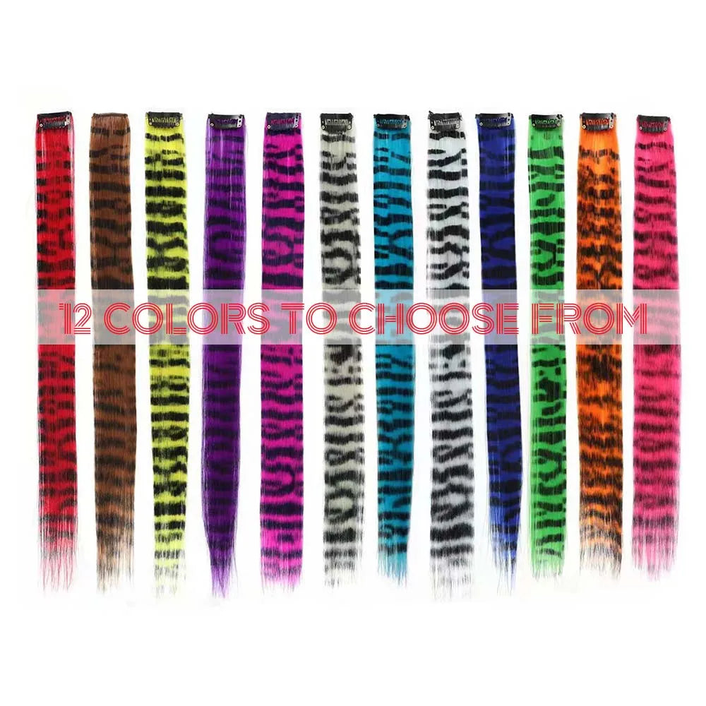 3-Piece Colorful Stripe Hair Extensions - Long Straight Synthetic Clip-In Hair Pieces for Parties & Halloween