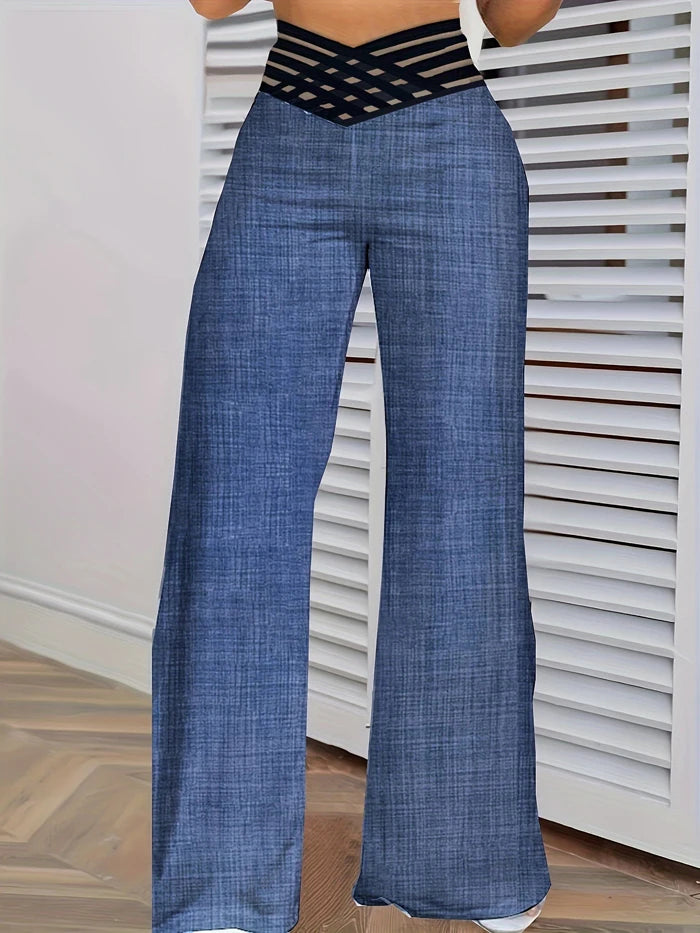 2024 Women’s Wide Leg Flared Pants – Y2K High Waist Crisscross Sheer Mesh Casual Streetwear Trousers