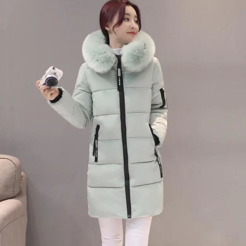 Women's Winter Parka – Fur Collar Hooded Long Jacket, Slim Fit, Warm & Thick with Letter Patch & Zipper Pockets