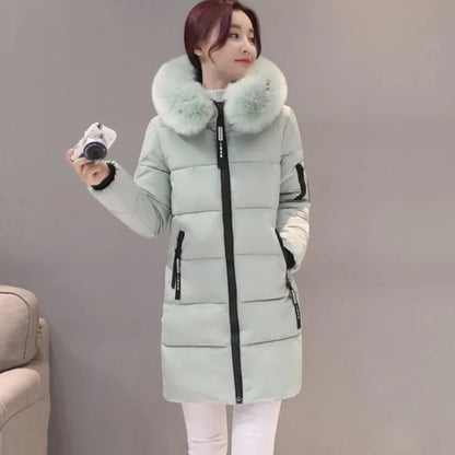 Women's Winter Parka – Fur Collar Hooded Long Jacket, Slim Fit, Warm & Thick with Letter Patch & Zipper Pockets