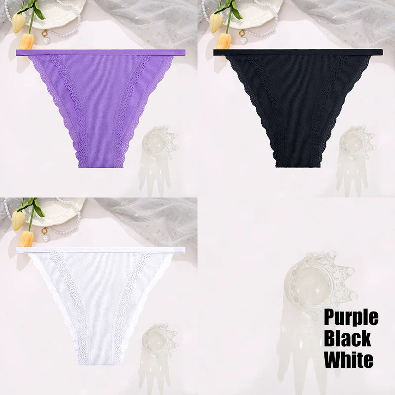 FINETOO 3pcs Women’s Lace Cotton Briefs — Solid, Comfortable, Breathable Soft Underwear & Lingerie