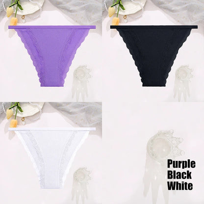 FINETOO 3pcs Women’s Lace Cotton Briefs — Solid, Comfortable, Breathable Soft Underwear & Lingerie