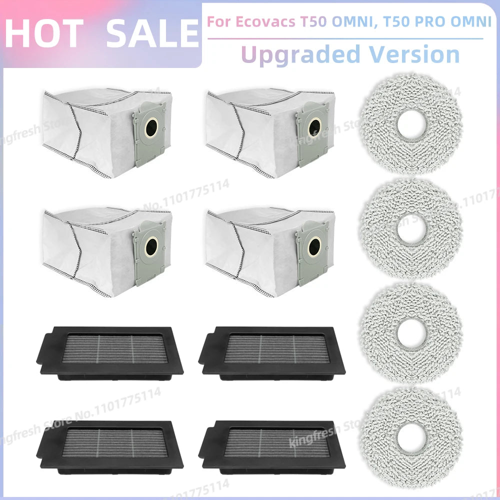 ECOVACS T50 PRO/OMNI Vacuum Replacement Parts – Main Roller, Side Brush, HEPA Filter, Mop Cloth & Dust Bag