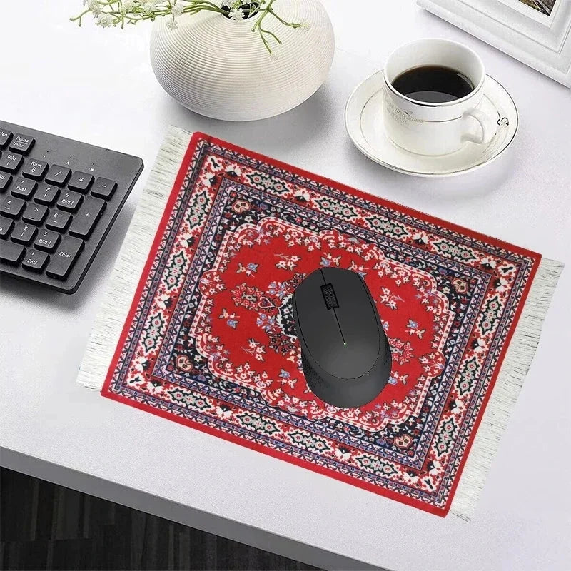 Persian Carpet Inspired Small Coaster - Retro Style Mouse Pad Desk Mat with Woven Flower Design - Non-Slip Rubber Computer Mat