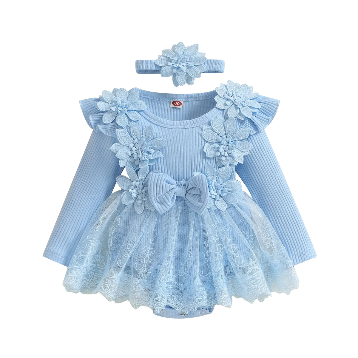 3D Flower Baby Girls’ Romper - Princess Mesh Lace Ruffle Bodysuit Dress with Headband